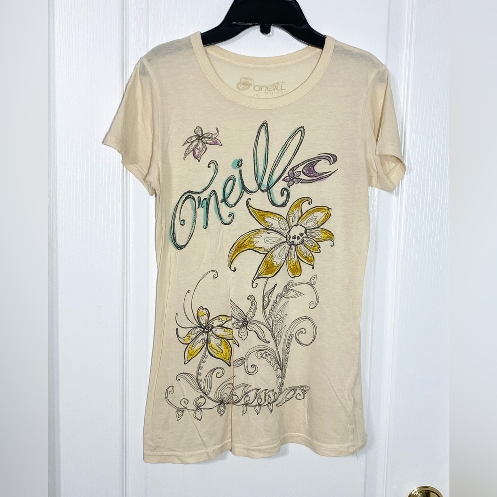 Y2K VTG O’Neill USA MADE Retro Floral Skull Graphic Surf Tee Beige Size Large
